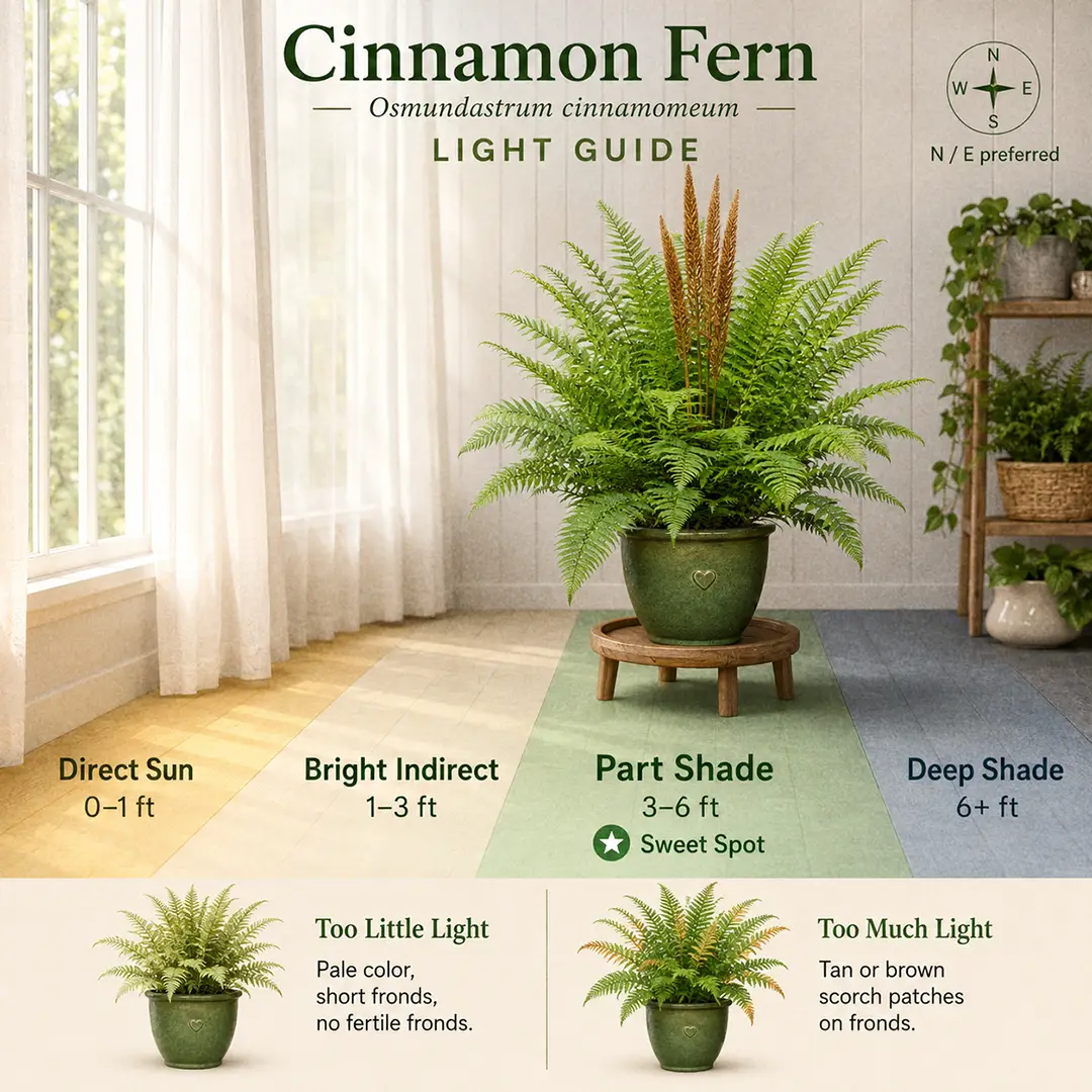 A square labeled light-zone diagram showing a Cinnamon Fern placed in the sweet spot two to three feet from a north-facing window, with bright indirect, medium light, and low-light zones color-washed across the floor, a compass marker noting the north exposure, and small icons warning about pale stretched fronds in deep shade and scorched fronds in direct sun