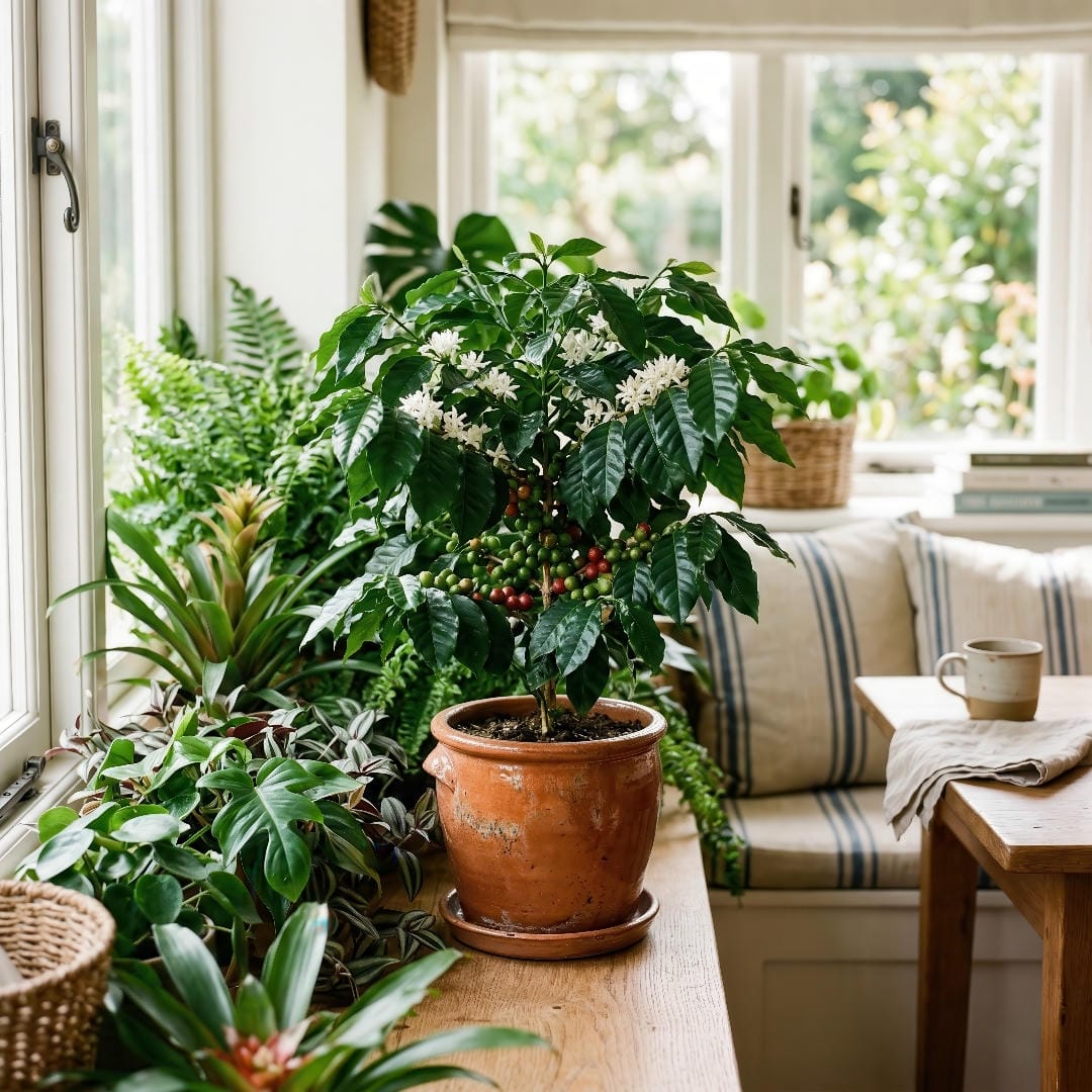 Coffee Plant styled in a bright kitchen corner with warm ceramic pots and other tropical houseplants nearby.