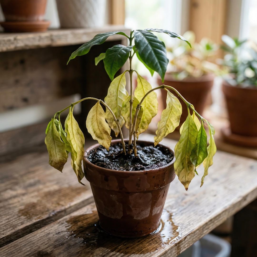 An overwatered Coffee Plant with yellowing lower leaves, limp stems, and damp soil near the base.
