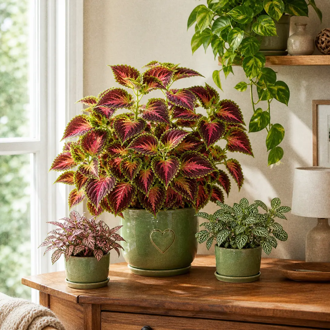 A styled home scene with a large vivid Coleus plant in a green ceramic pot with a heart motif as the centerpiece on a wooden side table, surrounded by smaller complementary houseplants and warm natural light from a nearby window