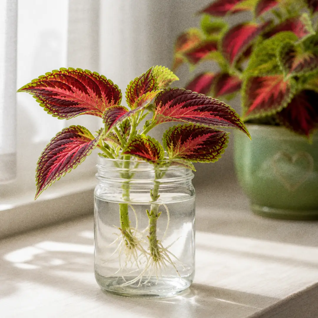 A Coleus stem cutting rooting in a clear glass jar of water on a sunny windowsill, visible white roots emerging from the leaf nodes, with a green ceramic pot with a heart motif of the parent plant in the background