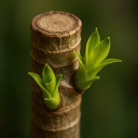 A close-up of a pruned Corn Plant cane, showing new red or green buds emerging from the side of the cane just below the cut.