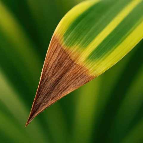 A close-up photograph of a Corn Plant leaf showing characteristic brown, dried-out tips, a common issue for this plant.
