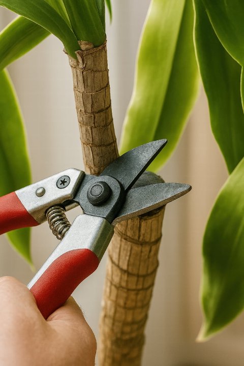 A person's hands using clean pruning shears to make a cut through the woody cane of a Dracaena fragrans plant, demonstrating how to prune for height control.