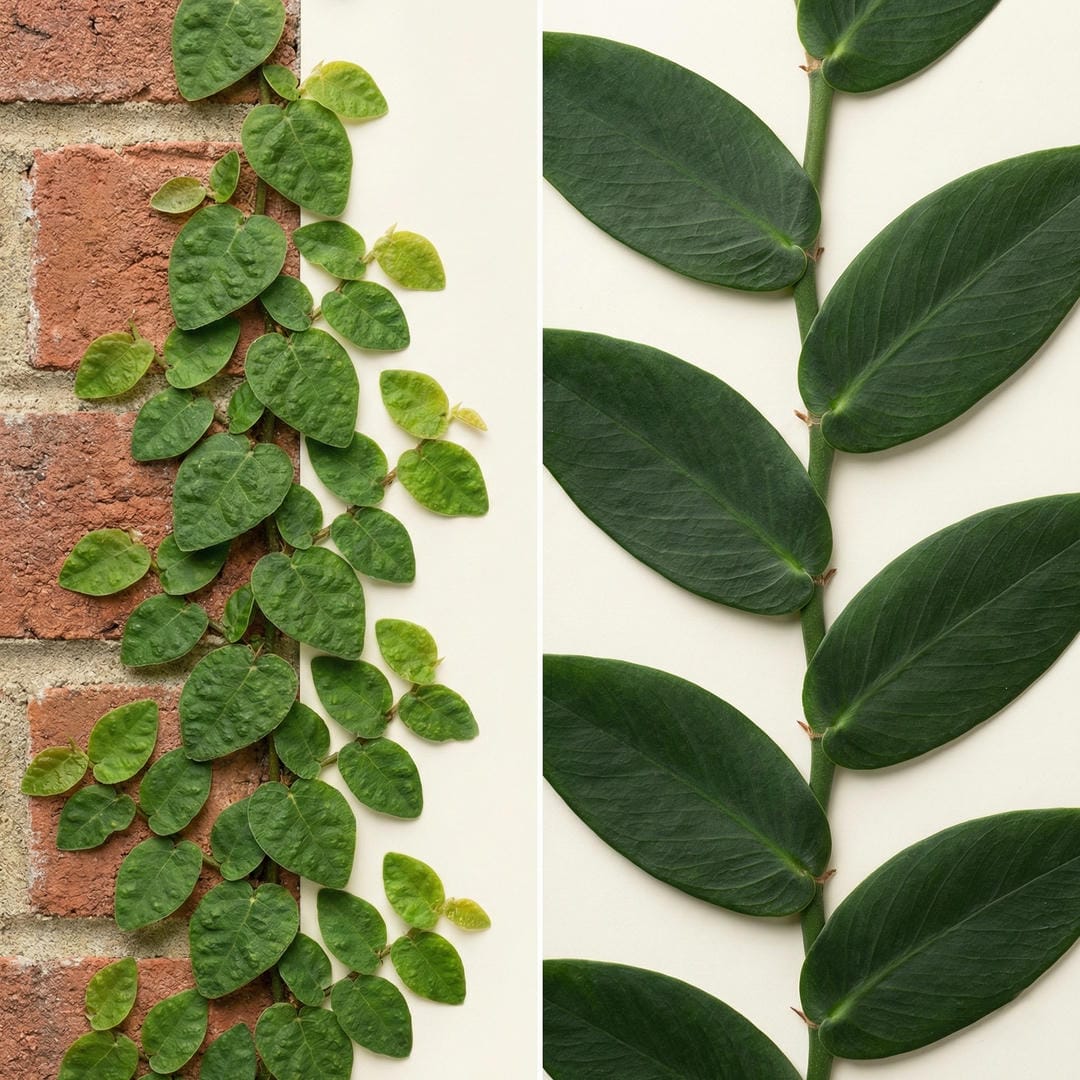 Side by side comparison of juvenile small heart-shaped Creeping Fig leaves versus large mature elongated leaves showing the dramatic difference
