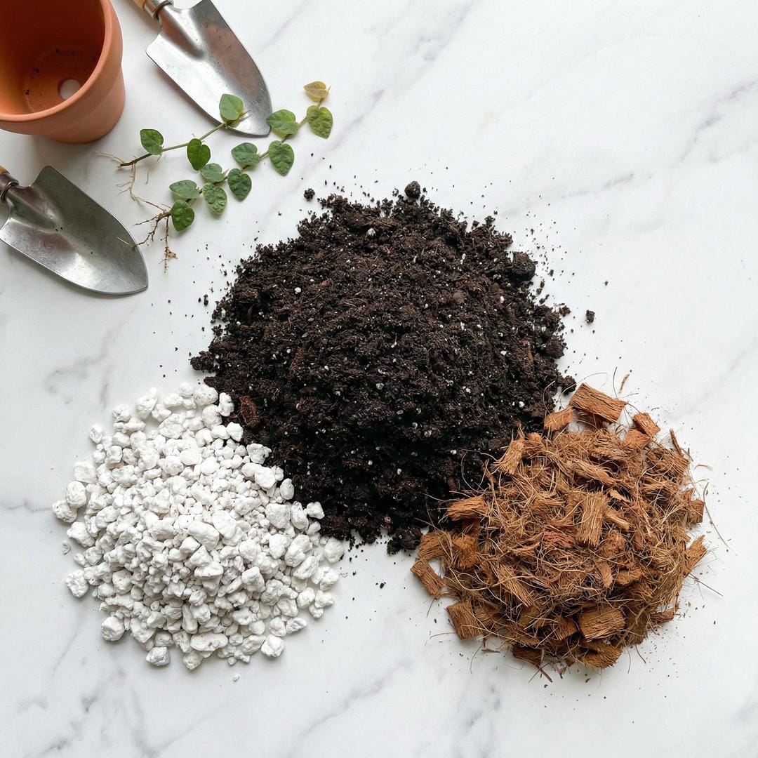 Well-draining potting mix components for Creeping Fig showing perlite, potting soil, and peat moss