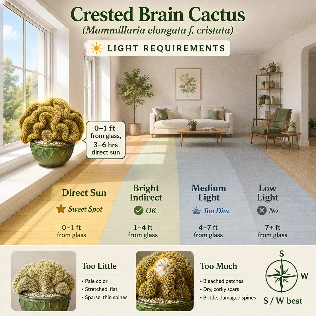 A labeled light guide diagram showing where to place a Crested Brain Cactus indoors relative to a south-facing window, with direct sun, bright indirect, medium and low light zones marked and the sweet spot highlighted on the sill