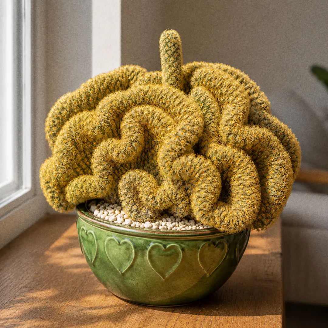 A close-up of a Crested Brain Cactus fan with a single normal cylindrical finger sprouting upward out of the folded crest, showing the reverted growth against the wavy crested tissue
