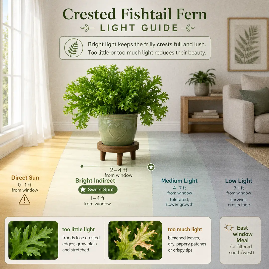 A labeled light guide diagram showing where to place a Crested Fishtail Fern indoors relative to an east-facing window, with direct sun, bright indirect, medium and low light zones marked and the fern's sweet spot highlighted two to four feet from the glass