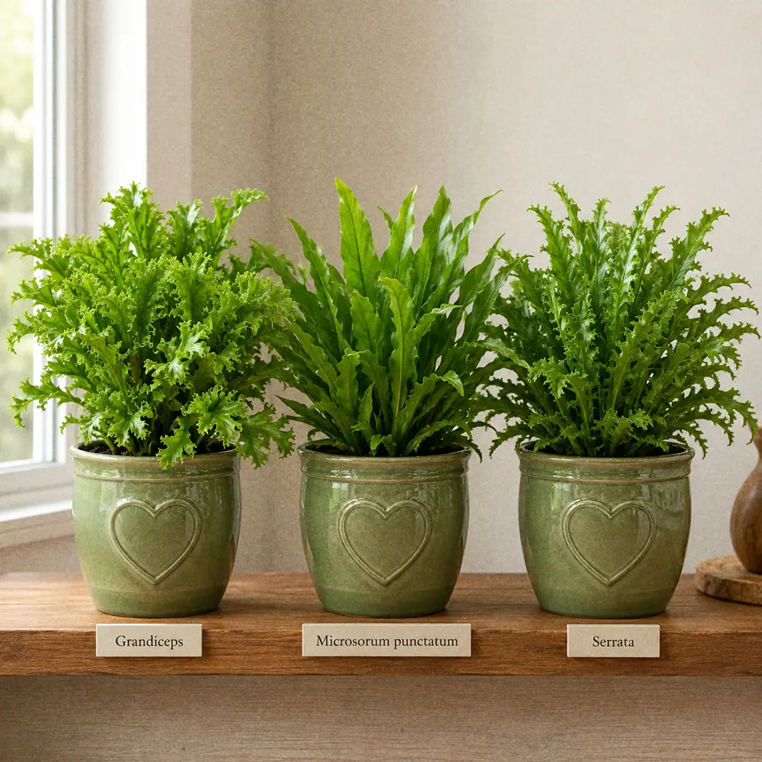 Three Microsorum punctatum varieties side by side on a wooden shelf in matching green ceramic pots with heart motifs: the heavily forked crested tips of Grandiceps, the plain pointed strappy fronds of the species, and the wavy toothed margins of Serrata