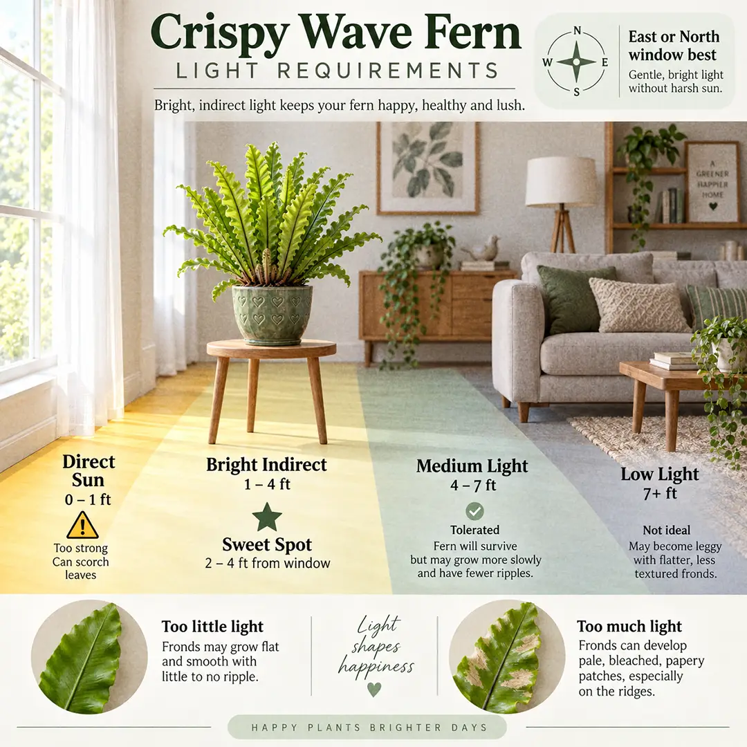 A labeled light guide diagram showing where to place a Crispy Wave Fern indoors relative to an east-facing window, with direct sun, bright indirect, medium and low light zones marked and the sweet spot highlighted two to four feet back