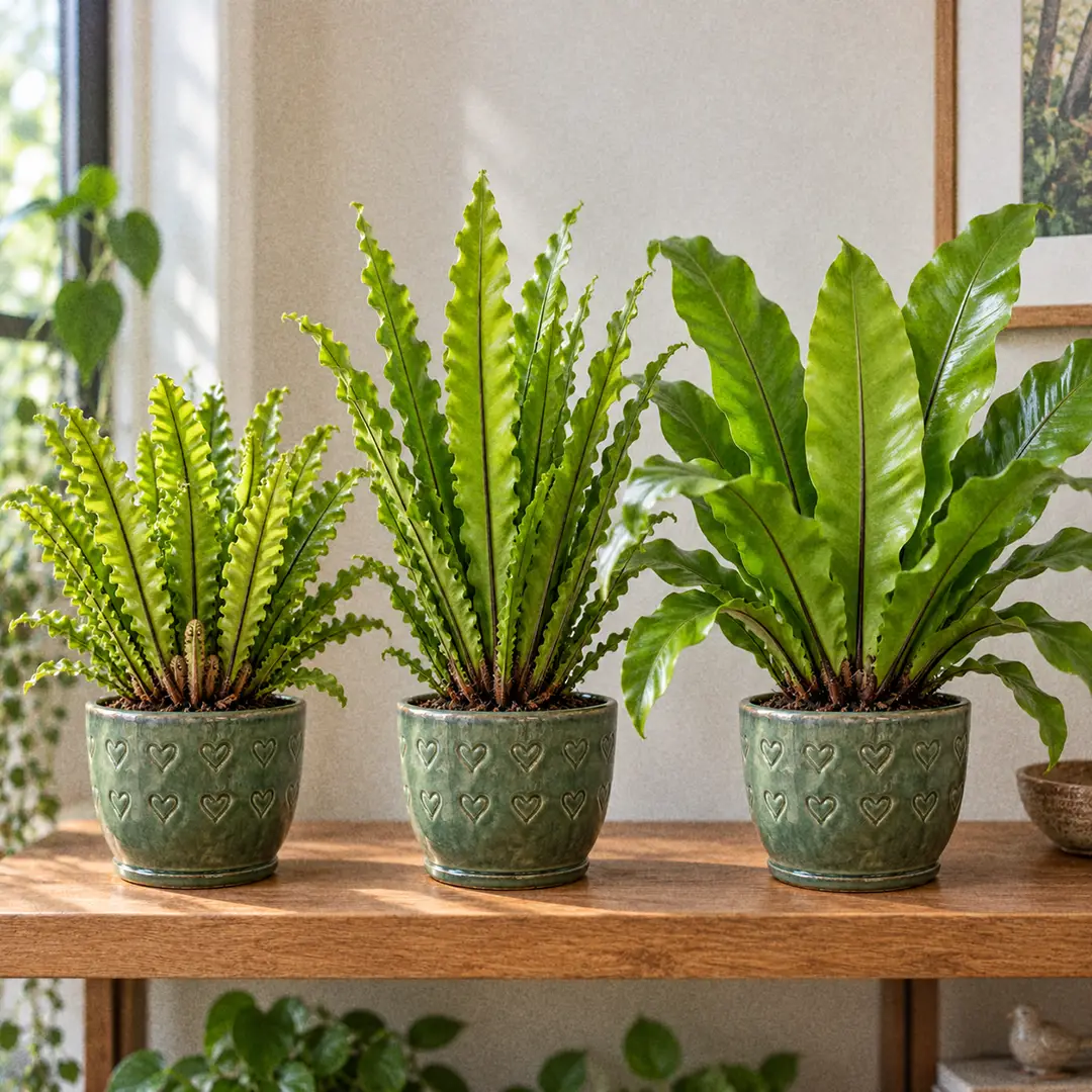 Three bird's nest fern varieties side by side on a wooden shelf in matching green ceramic pots with heart motifs, showing the deeply corrugated Crispy Wave, the narrow wavy-edged Osaka, and the broad flat-fronded common bird's nest fern