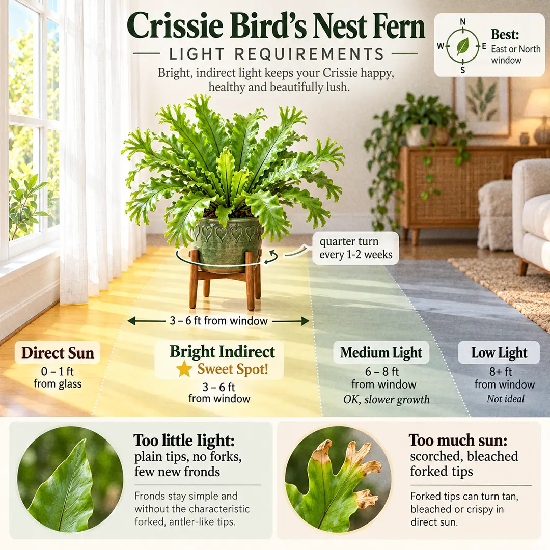 A labeled light guide diagram showing where to place a Crissie Bird's Nest Fern indoors, with direct sun, bright indirect, medium and low light zones marked from an east or north window, the sweet spot marked three to six feet back from the glass, and small panels showing plain unforked tips in low light and scorched forked tips in direct sun
