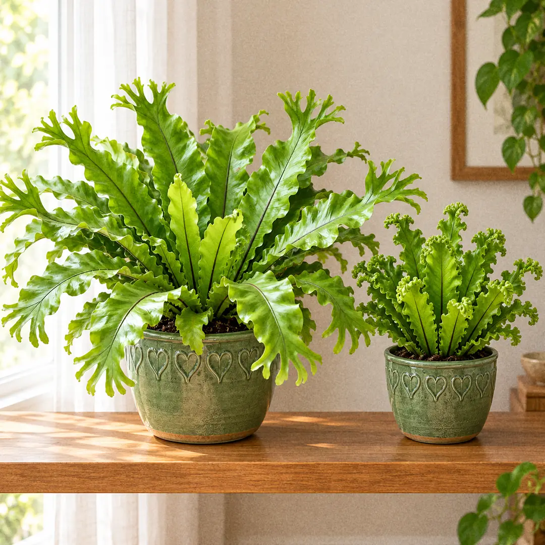 A larger, open Crissie Bird's Nest Fern with long fronds ending in loose antler-like forks beside a smaller, upright Leslie Bird's Nest Fern with tight frilly crested tips, both in matching green ceramic pots with heart motifs on a wooden shelf