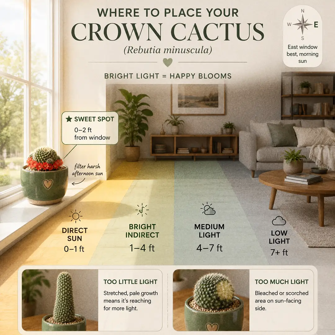 A labeled light guide diagram showing where to place a Crown Cactus indoors relative to an east-facing window, with direct sun, bright indirect, medium and low light zones marked and the sweet spot highlighted