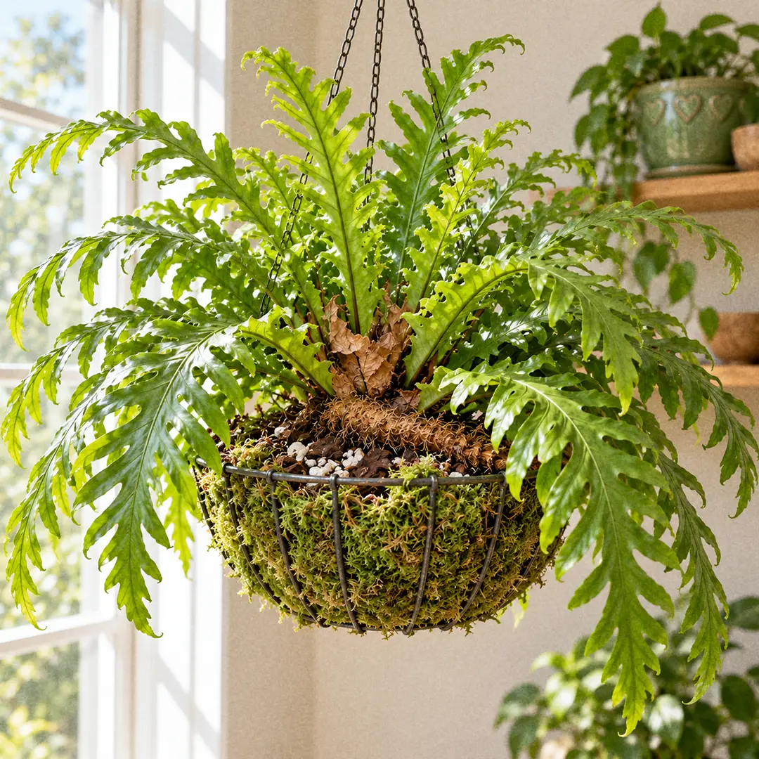 A Crown Fern growing in a hanging wire basket lined with sphagnum moss, its long lobed fronds arching over the rim and the fuzzy brown rhizome visible on top of the chunky bark mix, with a green ceramic pot with a heart motif on a shelf nearby