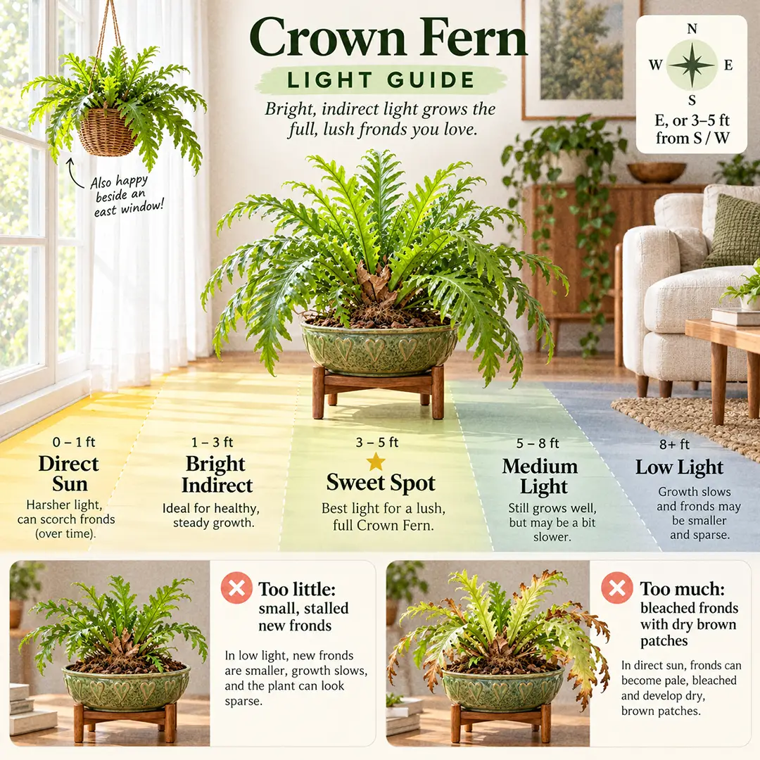 A labeled light guide diagram showing where to place a Crown Fern indoors, with direct sun, bright indirect, medium and low light zones marked, the sweet spot 3-5 feet from a south or west window marked with a star, and small icons for stalled growth in low light and scorched fronds in hot sun