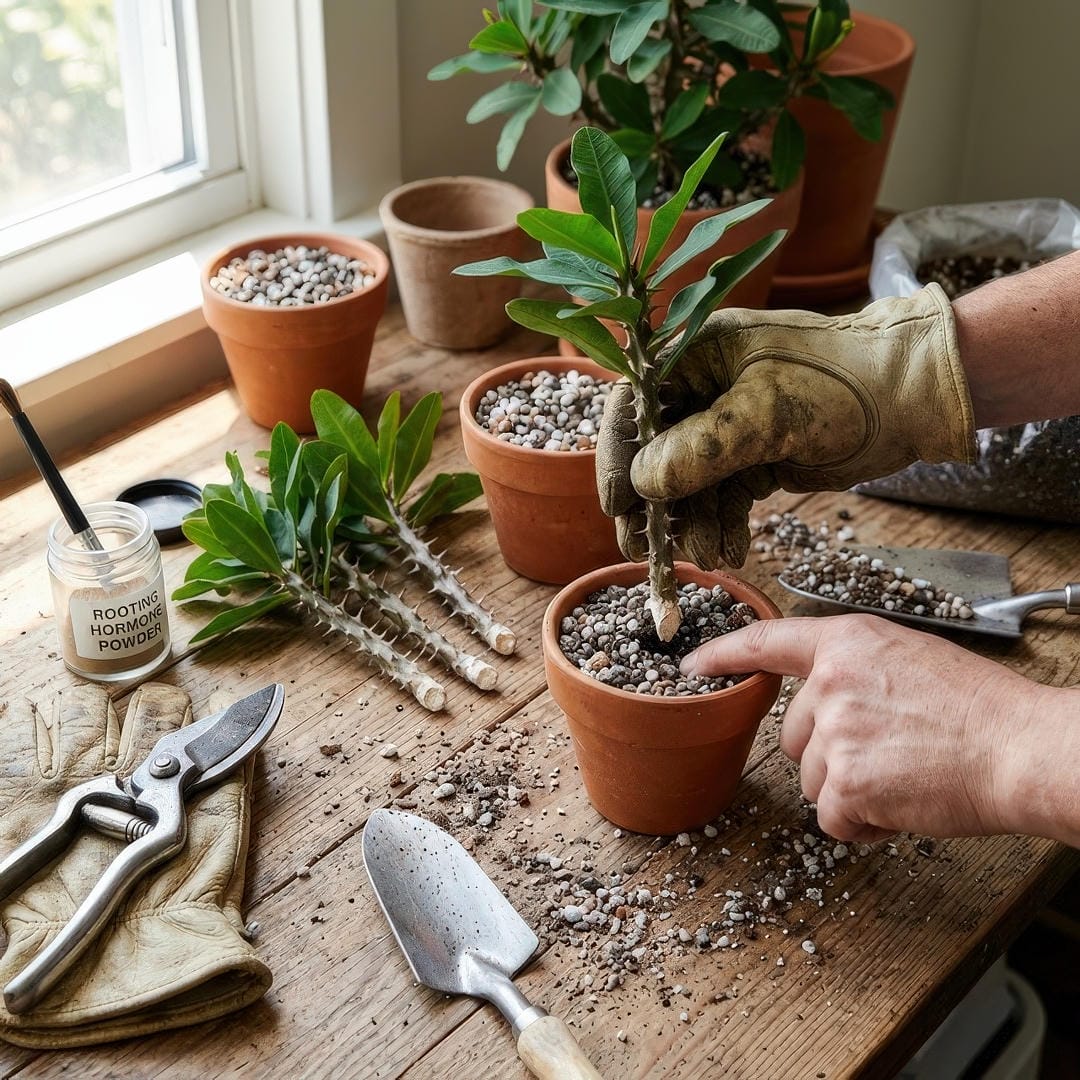 Several Crown of Thorns stem tip cuttings with thorny stems and a few leaves at the tips laid out on a clean surface beside small pots of gritty succulent soil with some cuttings showing callused cut ends