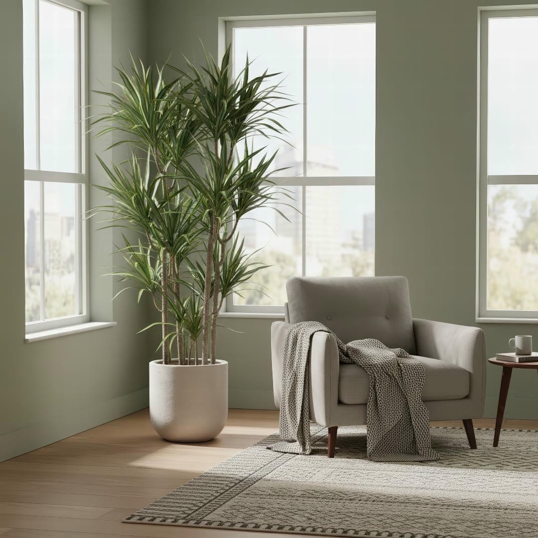A tall, elegant Dracaena marginata standing in a stylish pot in the corner of a modern living room.