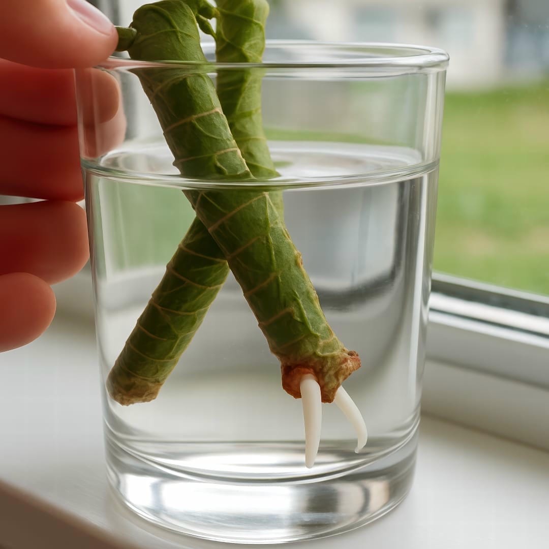 A Dracaena marginata stem cutting with new roots growing in a glass of water.