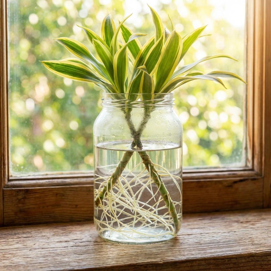 Propagation cuttings in water showing roots