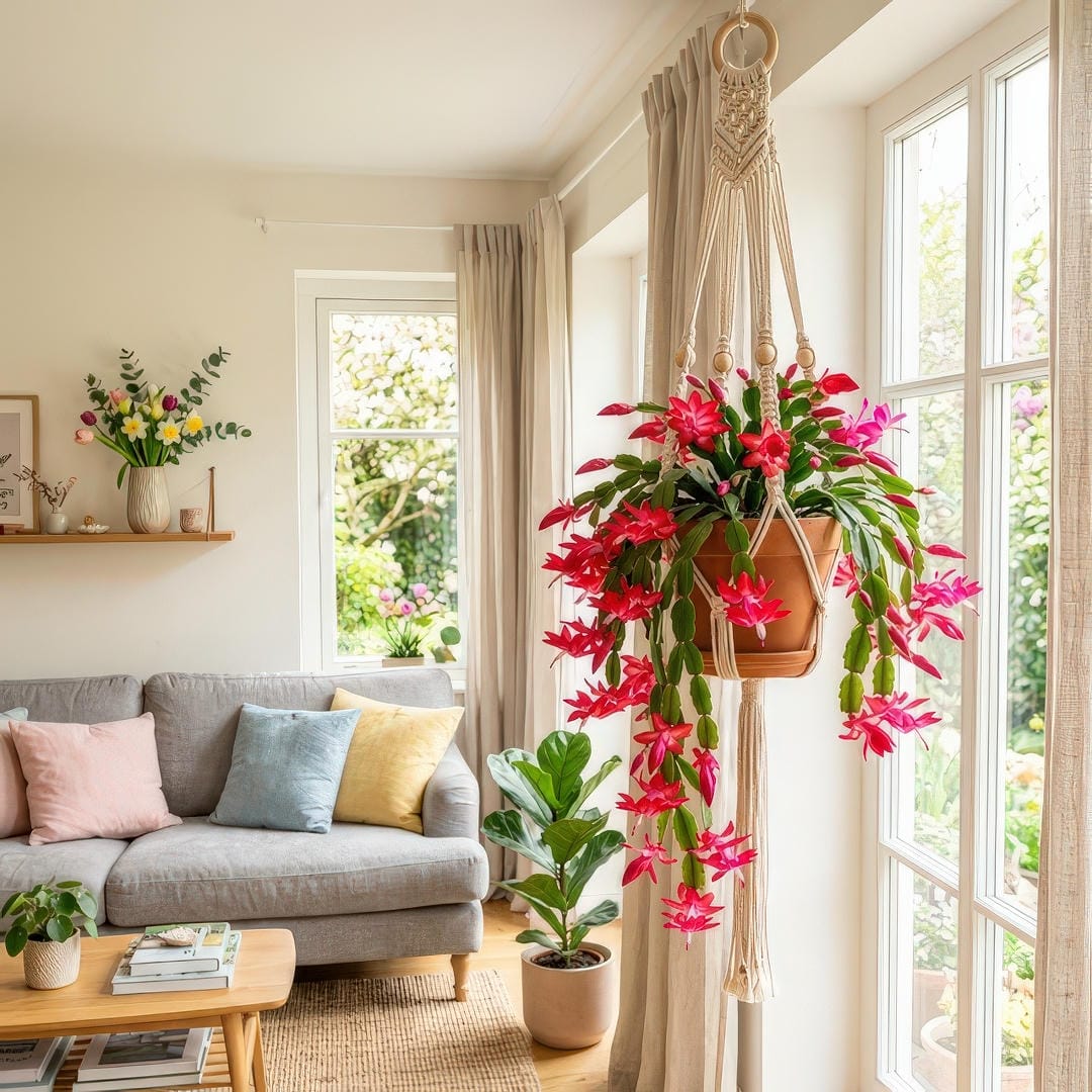 Easter Cactus in a beautiful hanging planter with cascading stems covered in vivid red star-shaped blooms displayed near a bright window in a bright spring-decorated living room