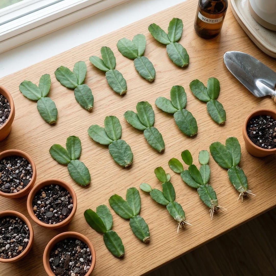 Several Easter Cactus stem cuttings with 2-3 smooth-edged segments each, some showing small white roots developing at the base, arranged on a bright surface beside small pots of soil