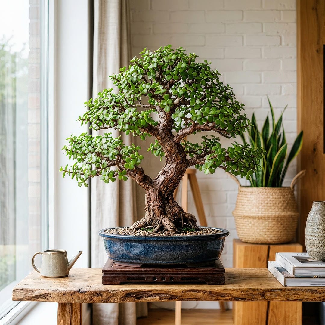 A mature Elephant Bush styled as a small bonsai in a shallow ceramic pot displayed on a wooden shelf in a bright modern room with natural sunlight highlighting its dense round green leaves and woody reddish-brown trunk