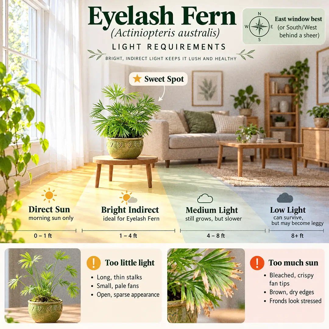 A labeled light guide diagram showing an Eyelash Fern placed about 2-3 feet from an east-facing window in the bright indirect zone with soft morning sun, with direct sun, bright indirect, medium and low light zones marked, plus small icons of stretched pale fronds for too little light and bleached crispy fans for too much