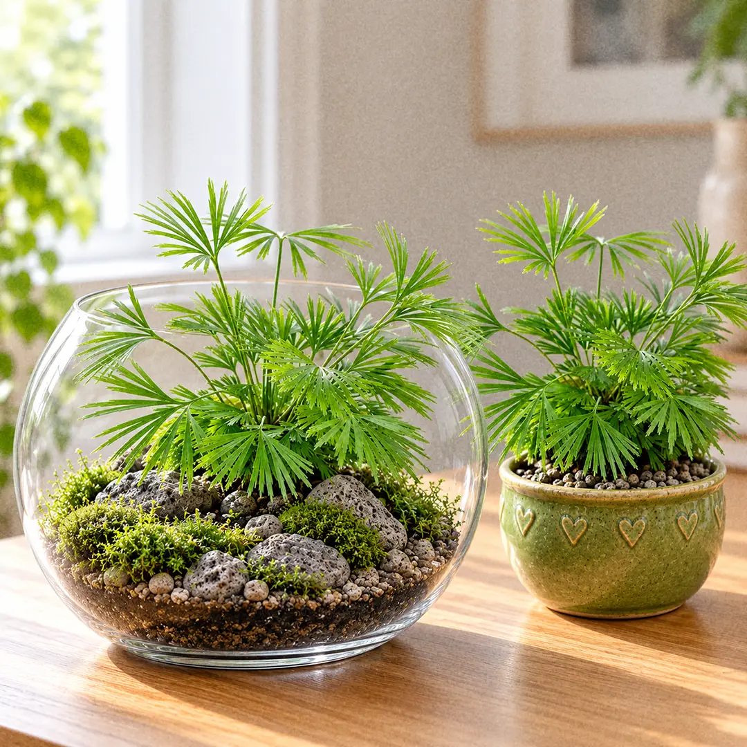 An open glass terrarium on a bright wooden desk holding a small Eyelash Fern with upright fans of narrow segments, planted in gritty soil with small grey stones and moss, with a green ceramic pot with a heart motif beside the terrarium