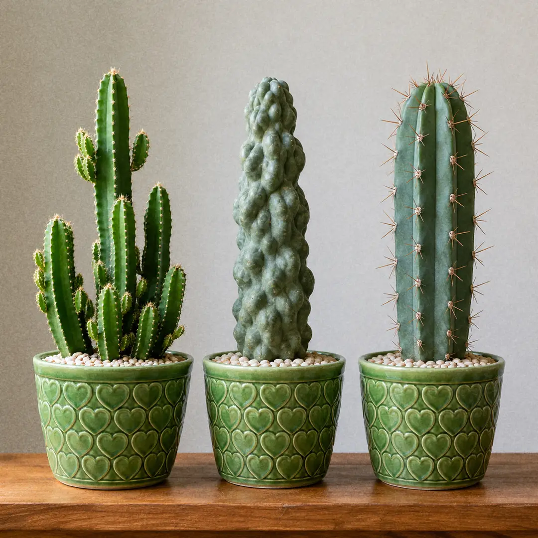 Three columnar cacti side by side on a wooden shelf in matching green ceramic pots with heart motifs: a branching Fairy Castle Cactus, a knobbly spineless Totem Pole Cactus, and a tall smooth-ribbed Peruvian Apple Cactus