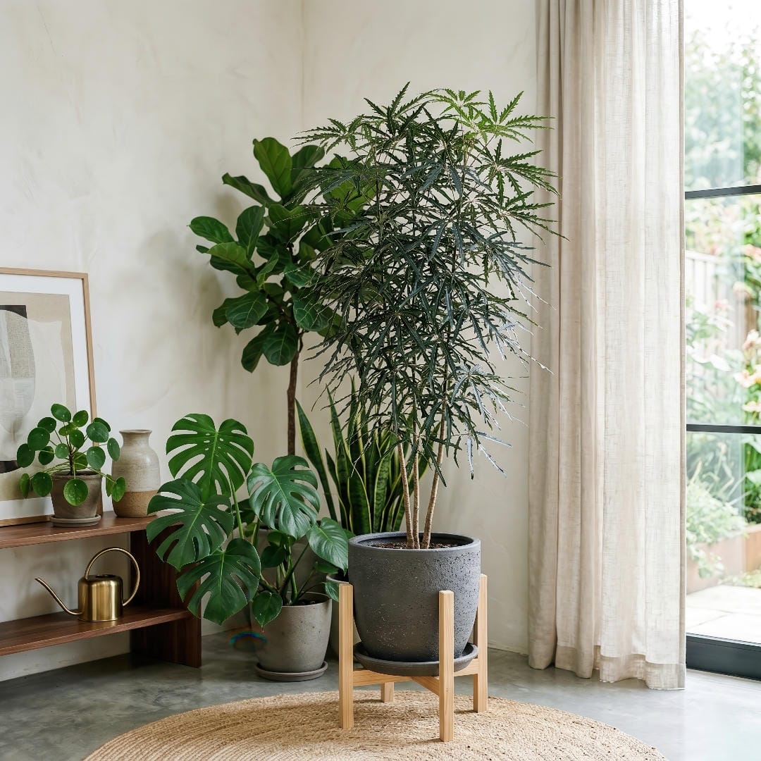 False Aralia styled as a compact indoor tree in a ceramic pot beside other tropical foliage plants.