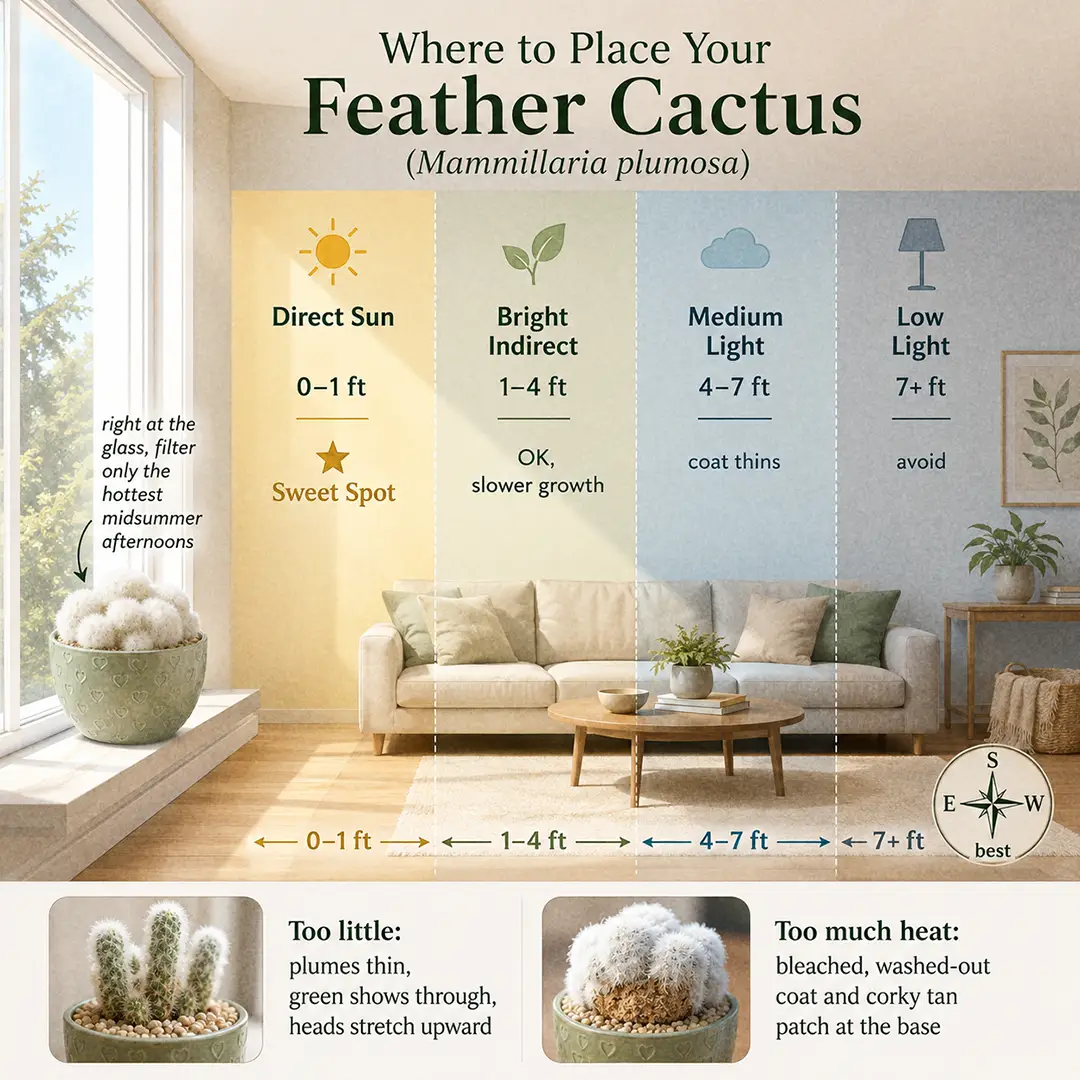 A labeled light guide diagram showing where to place a Feather Cactus indoors relative to a south-facing window, with direct sun, bright indirect, medium and low light zones marked and the sweet spot right at the glass