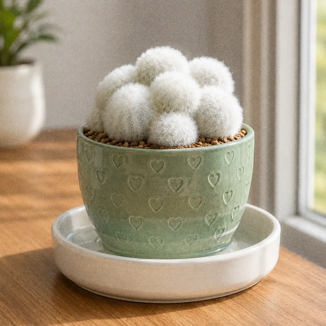 A Feather Cactus in a green ceramic pot with a heart motif standing in a shallow dish of water, being bottom watered so the soft white feathery spines stay completely dry