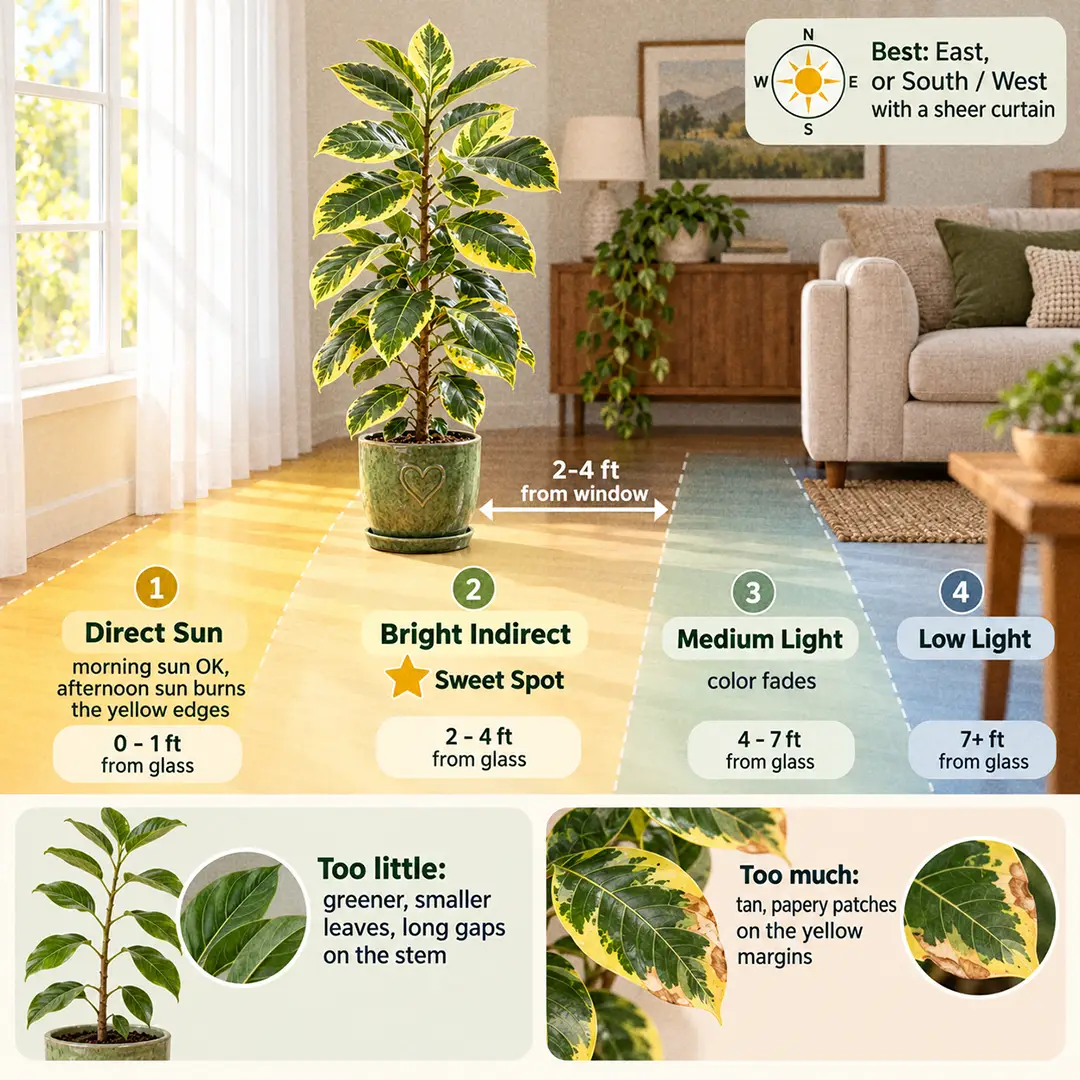 A labeled light guide diagram showing where to place a Ficus Altissima Yellow Gem indoors, with direct sun, bright indirect, medium and low light zones marked from the window inward and the sweet spot marked 2 to 4 feet from an east or south window