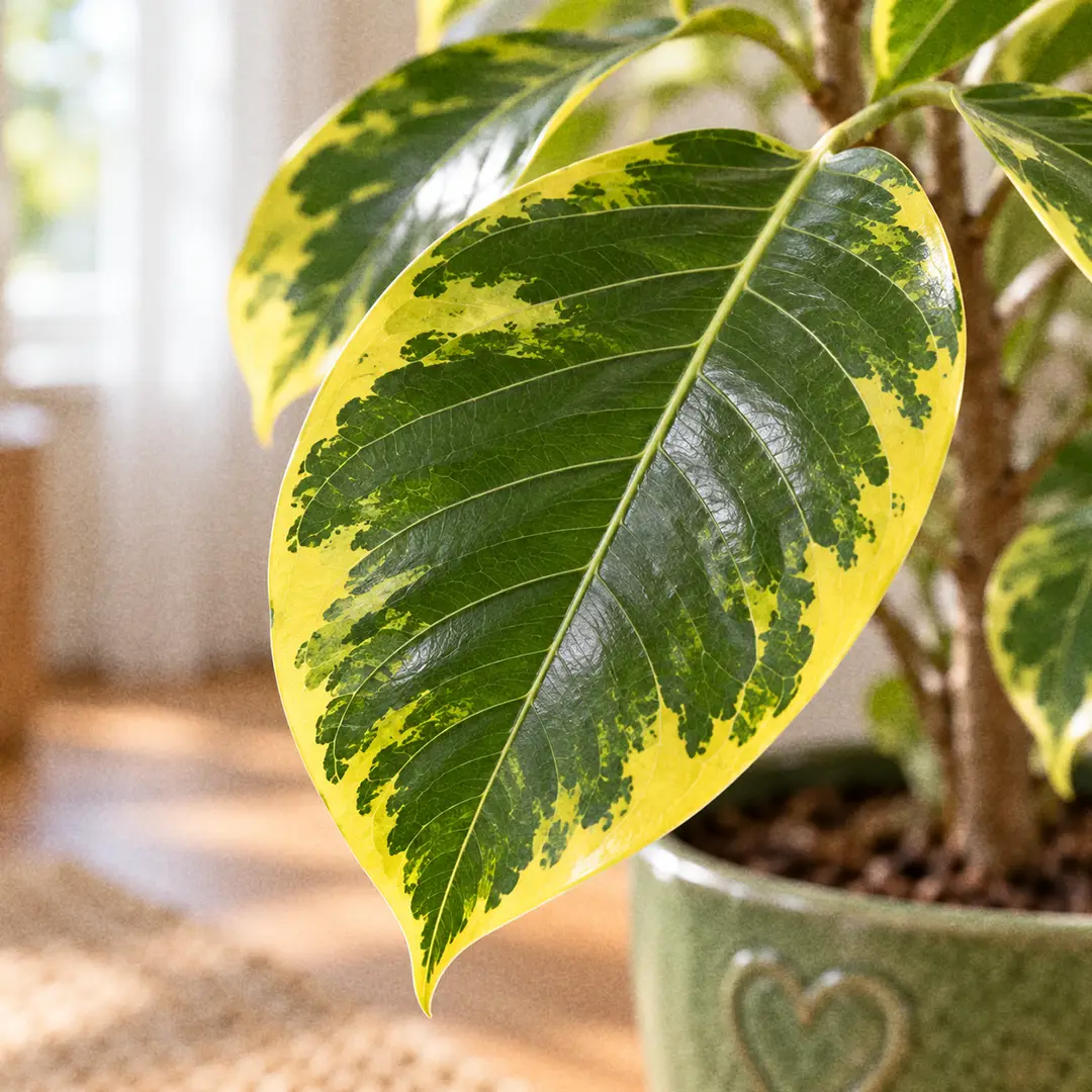 A macro close-up of a single Ficus Altissima Yellow Gem leaf showing the glossy surface, the deep green center, irregular lime and golden yellow margins, and pale green veins running from the midrib