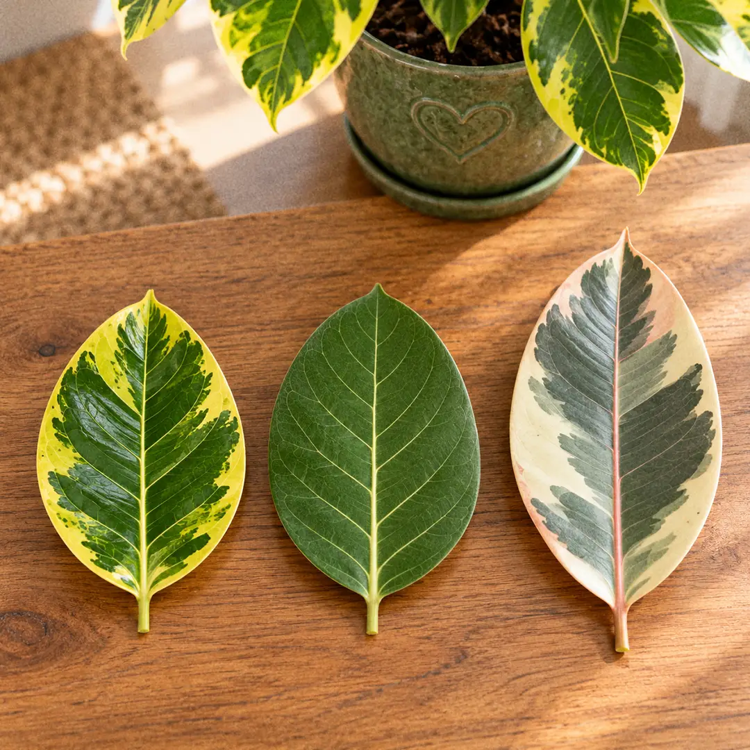 Three ficus leaves laid side by side on a wooden surface for comparison: a glossy Ficus Altissima Yellow Gem leaf with lime and gold margins, a matte solid green Ficus Audrey leaf with pale veins, and a thick Ficus Tineke rubber plant leaf with cream and grey-green patches, with a Ficus Altissima in a green ceramic pot with a heart motif behind them