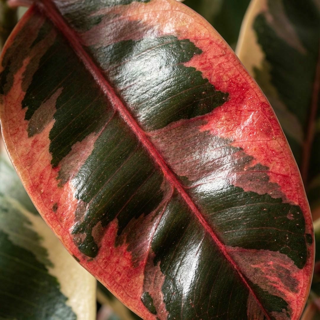 Close up of Ficus Ruby leaf showing anthocyanin pigments