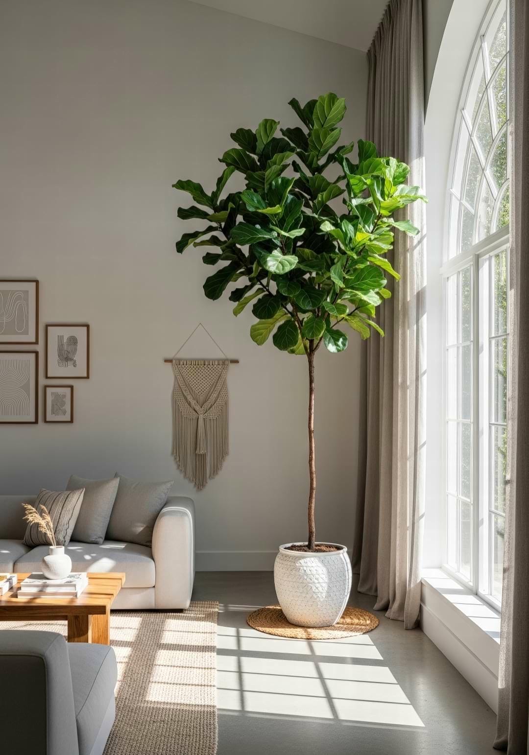A tall, healthy Fiddle Leaf Fig tree acting as a stunning architectural focal point in a bright, modern living room.