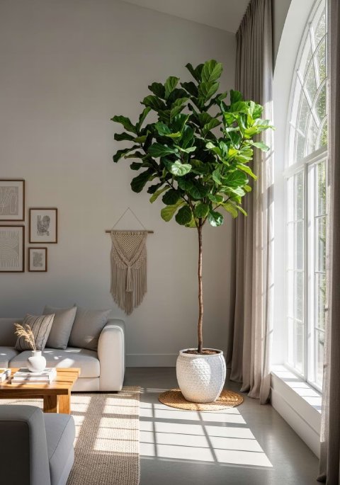 A tall, healthy Fiddle Leaf Fig tree acting as a stunning architectural focal point in a bright, modern living room.
