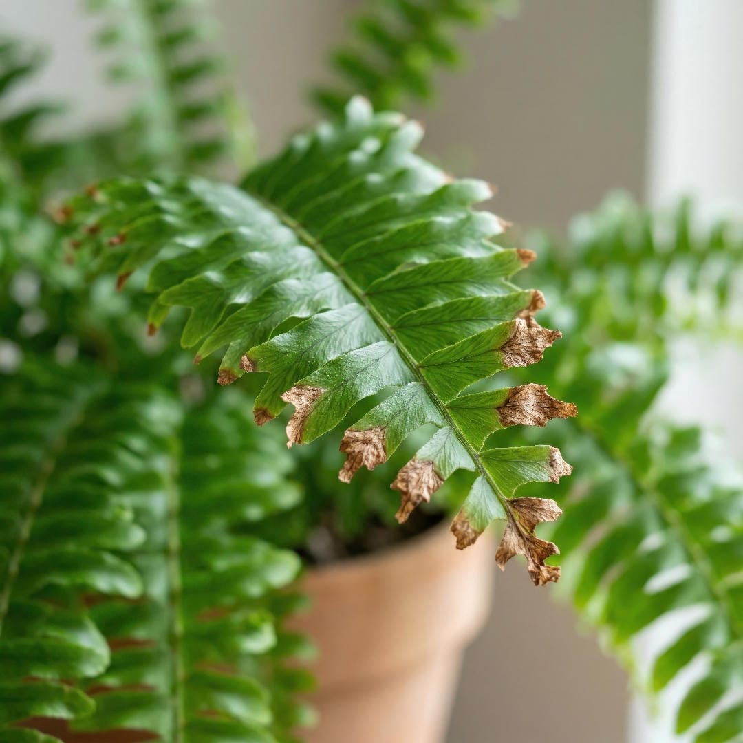 Fish Tail Fern showing brown crispy tips on otherwise green fronds, a common sign of dry air or inconsistent watering.