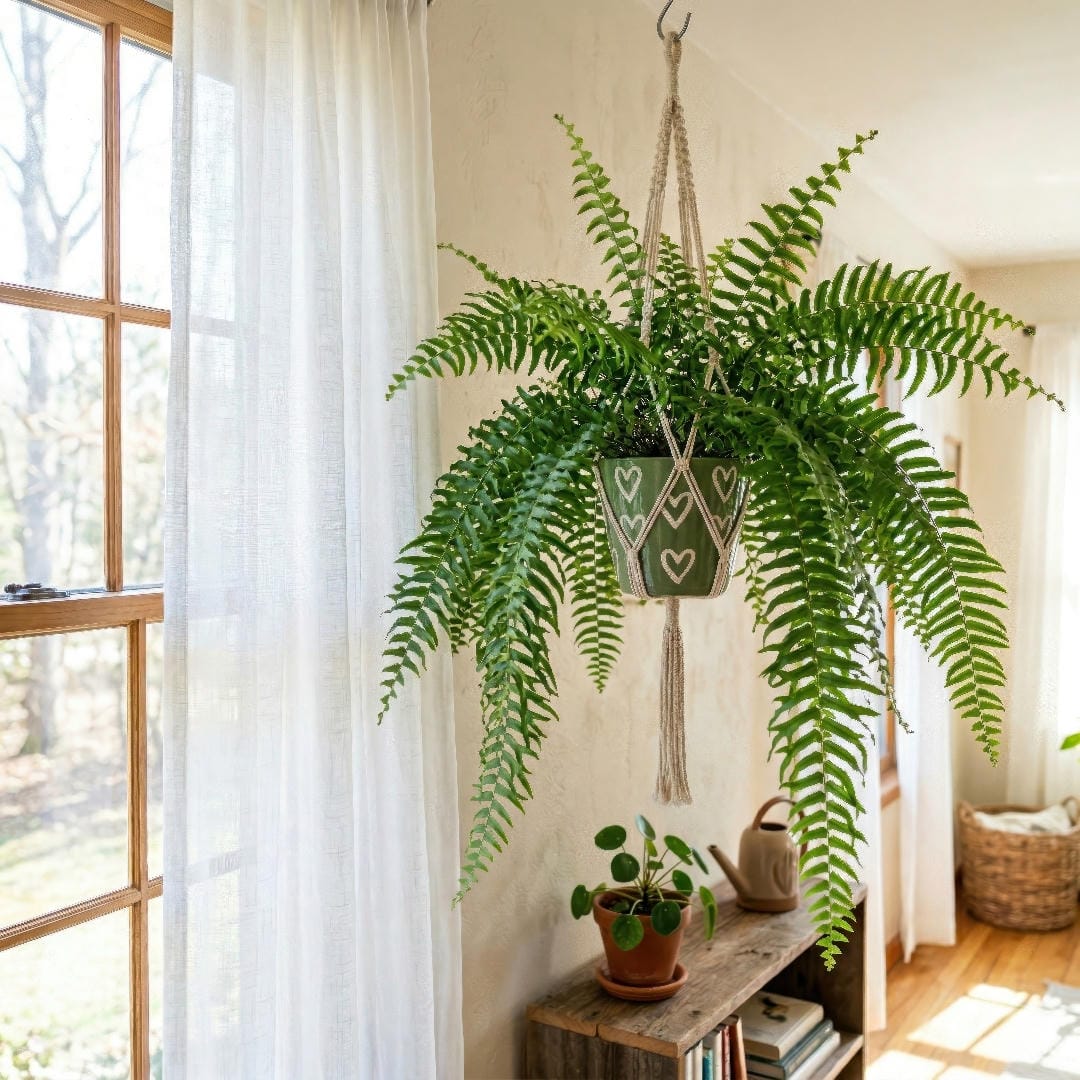Ideal light conditions for Fish Tail Fern shown in a bright room with filtered window light and no direct harsh sun.