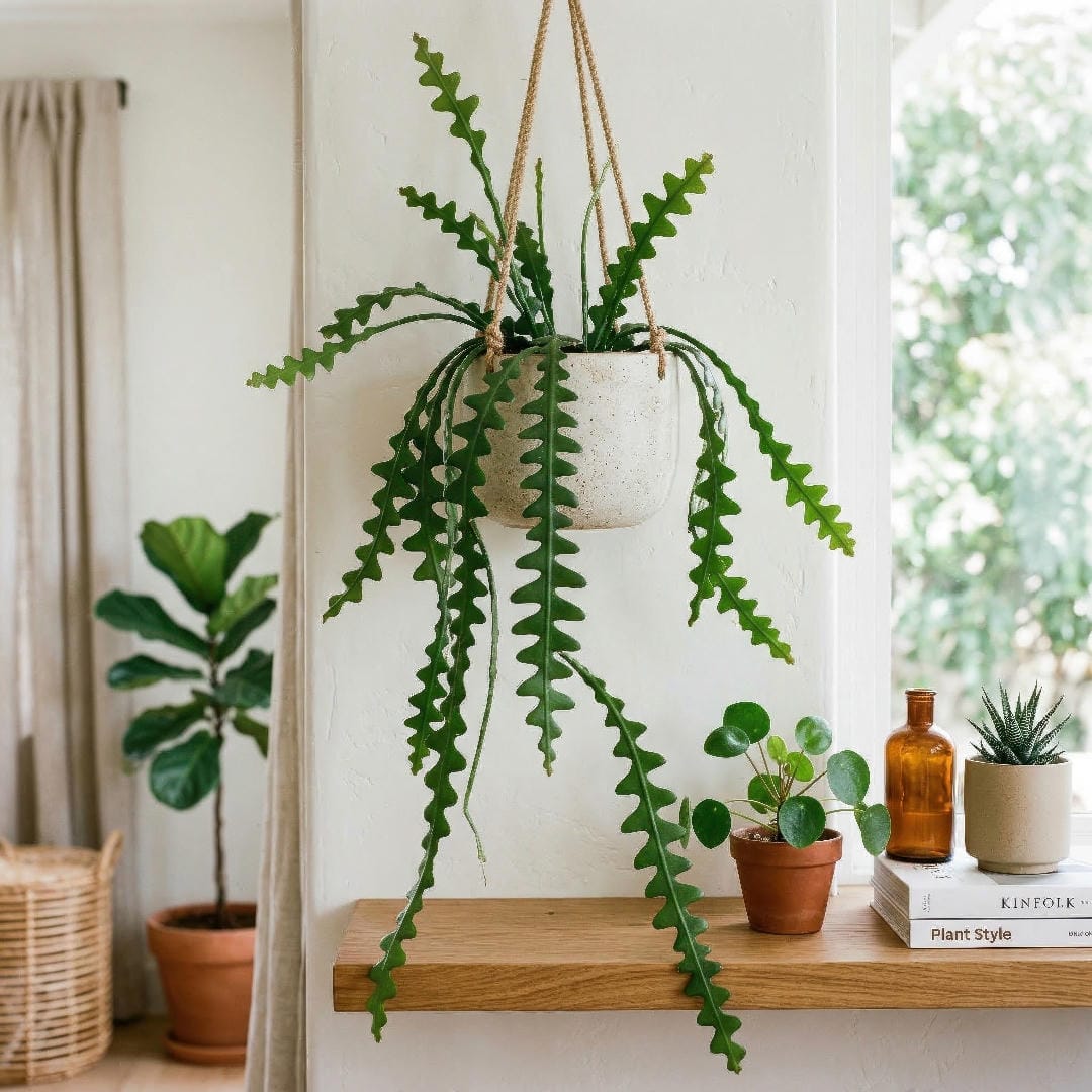 Fishbone Cactus trailing from a hanging basket above a wooden shelf in a bright room