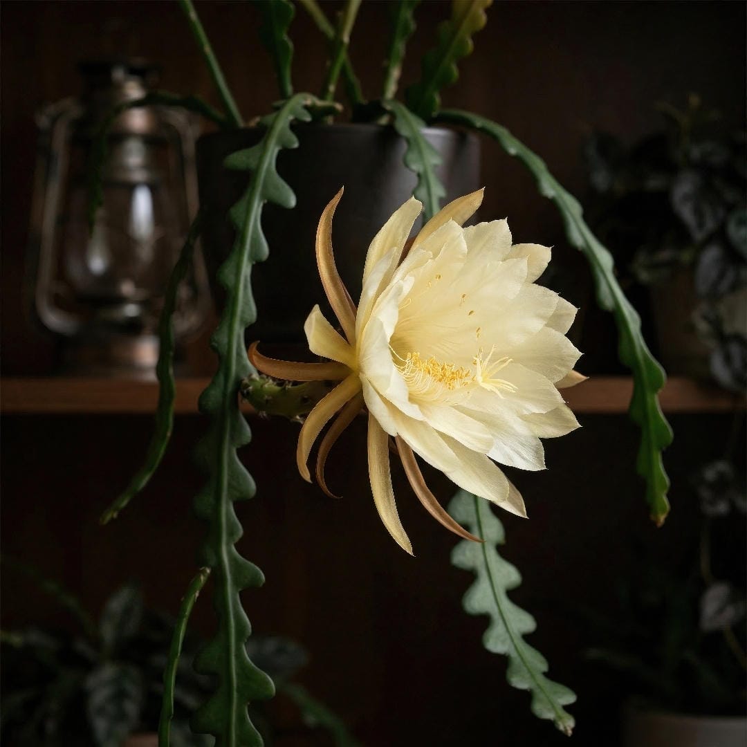 Large creamy Fishbone Cactus flower opening at night
