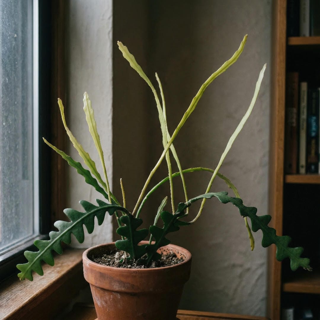 Fishbone Cactus with thin stretched pale stems from low light