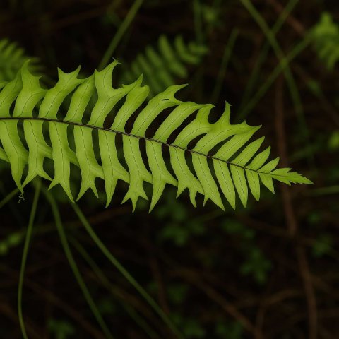 A detailed close-up of the Nephrolepis falcata fronds showing their unique forked 'fishtail' shape.
