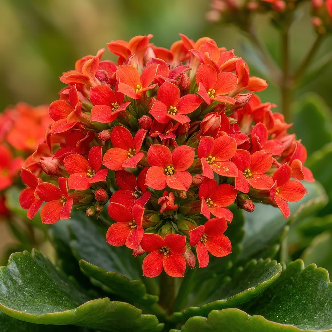 Extreme close-up macro photograph of Flaming Katy flower clusters showing the tiny four-petaled blooms packed tightly together with visible stamens and thick glossy green scalloped leaves below the flower heads