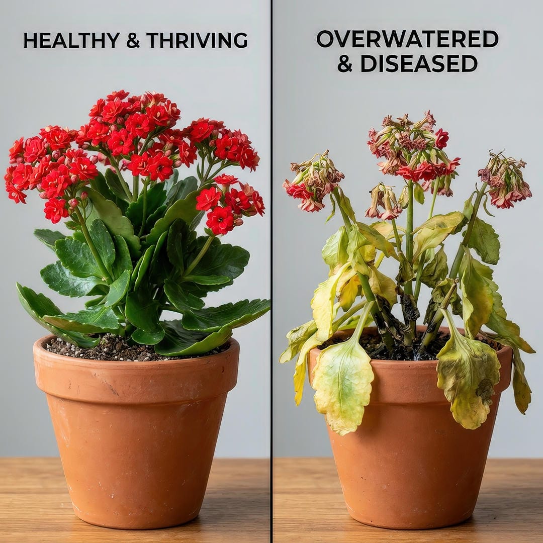 Split comparison image showing a healthy Flaming Katy plant with vibrant red flower clusters and deep green glossy leaves on the left and a stressed plant with yellowing droopy leaves, mushy stems, and fading flowers on the right