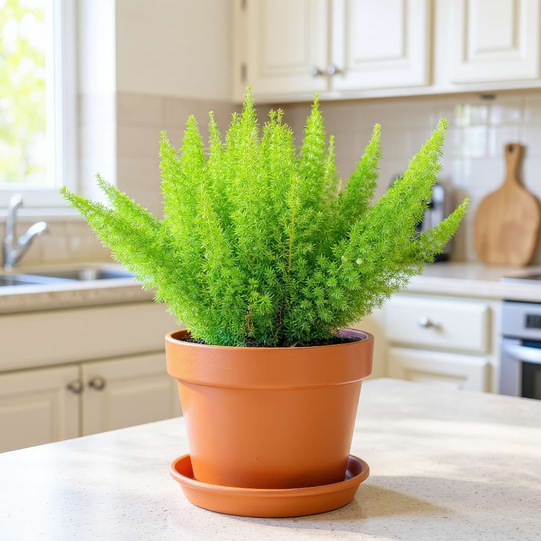 Foxtail Fern in a terracotta pot thriving in bright indirect indoor light on a kitchen counter