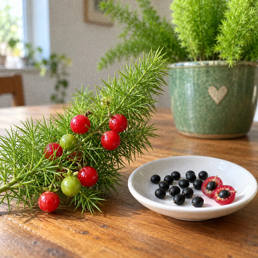 Ripe red foxtail fern berries on a stem next to a small white saucer holding cleaned, round black seeds and a few green unripe berries for comparison, on a wooden table with a green ceramic pot with a heart motif in soft focus behind